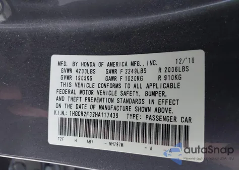 2017 Honda Accord Lx из США, поврежденный, VIN 1HGCR2F32HA117439